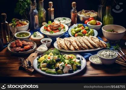 Selection of traditional greek food - greek salad, tzatziki, souvlaki, gyros and baked potatoes