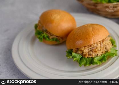 Selective focus, Appetizing with two chicken hamburgers and lettuce placed in white dish beautifully, copy space to insert text