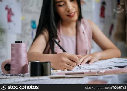 Selective focus, Close up hands of young designer or tailor sketching fashion clothes on paper, full of sewing tools on table 
