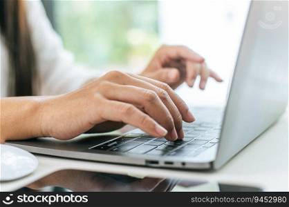 Selective focus, Close up hands of Young working woman typing on laptop computer during work at coffee shop, working online communication, business concept