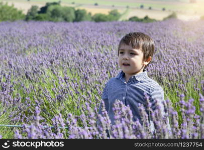 Selective focus little boy with smiling face standing in lavenders field, Portrait of happy kid playing outdoors with blurry flowers background, Child having fun in lavender garden in the summer.