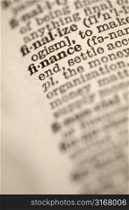 Selective focus of dictionary definition for the word finance.