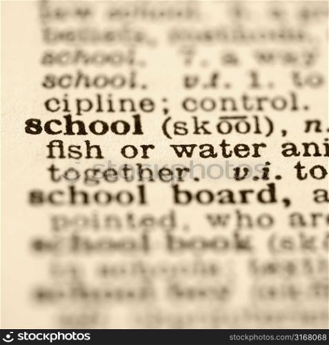 Selective focus of dictionary definition for the word school.