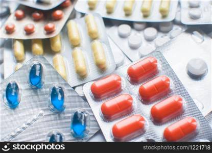 Selective focus of Medical Pills in blisters. closeup. Healthcare and medicine. Medical pharmacy concept. Health day. Copyspace. Selective focus of Medical Pills in blisters. closeup. Healthcare and medicine. Medical pharmacy concept. Health day.