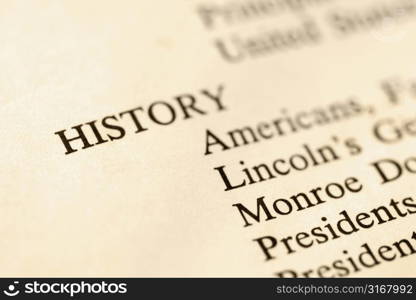 Selective focus of page with the word history and corresponding categories.