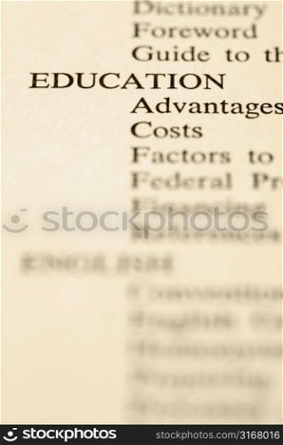 Selective focus of table of contents page relating to education.