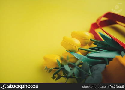 Selective focus of yellow tulips in shopping bag on yellow background for nature decoration and springtime concept