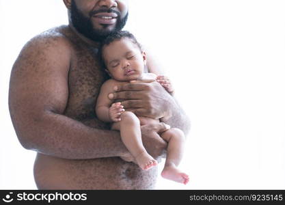 Selective focus on African sleeping newborn cute baby in bearded father arms, Dad standing and holding at his baby with love, infant boy 2 months old, Family and newborn care. White background