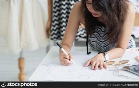 Selective focus on Asian woman fashion designer or dressmaker hand, holding pen and designing or drawing pattern and size of clothes, working with tablet and tailoring tools on desk at workplace