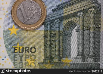 Selective focus on detail of EURO banknotes. Detail of European Union currency EURO banknotes. World money concept, inflation and economy concept