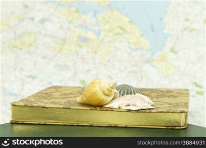 Selective focus on seashells and travel journal placed in front of map. Symbols of beach and journey create ocean adventure mood.