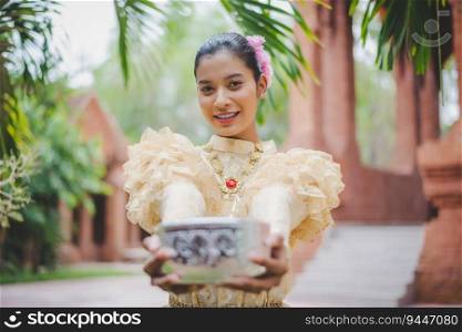 Selective focus, Portrait beautiful woman in Songkran festival with Thai Traditional costume in the temple holding water bowl and smile. Thailand culture with Water festival