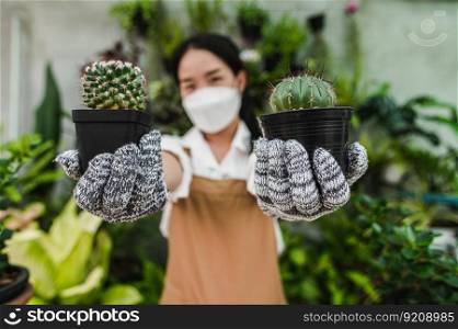 Selective focus, two cactus in hand of young gardener woman, wearing face mask, gloves and apron, houseplants in pot behind her, small business with indoor tree or Home gardening