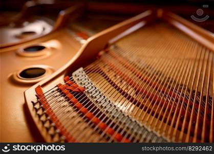 Selective focus with closeup view on hammers and strings inside grand piano. Musical keyboard instrument at shop store. Selective focus closeup view on hammers and strings inside grand piano