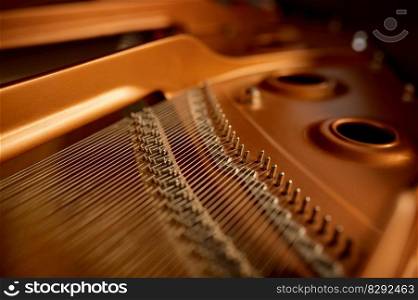 Selective focus with closeup view on hammers and strings inside grand piano. Musical keyboard instrument at shop store. Selective focus closeup view on hammers and strings inside grand piano