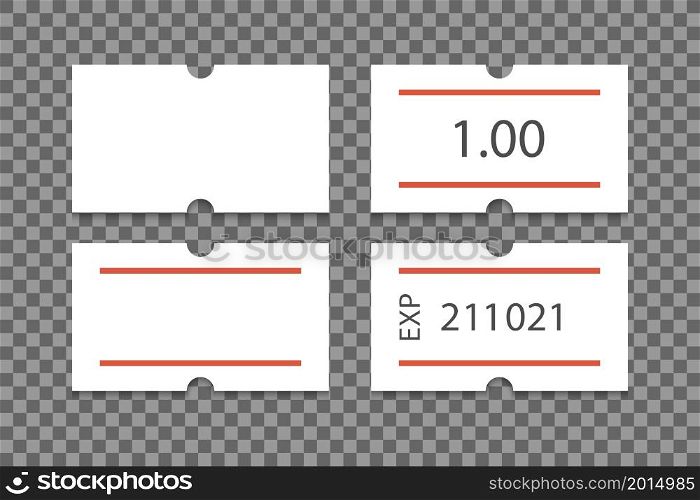 Self-adhesive paper price tag with two red stripes. Blank price label. White sticker to indicate the expiration date. Vector illustration isolated on transparent background.. Self-adhesive paper price tag with two red stripes. Blank price label. White sticker to indicate the expiration date. Vector illustration isolated on transparent background