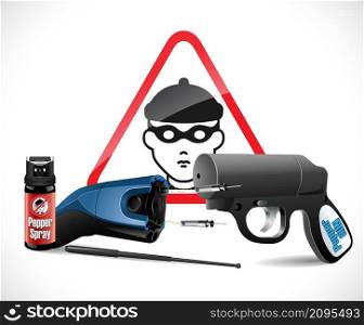 Self defense weapons - taser, pepper spray and pistol and criminal sign