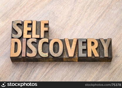 self discovery word abstract in vintage letterpress wood type printing blocks