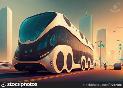 self-driving bus transporting passengers to their destination in futuristic city, created with generative ai. self-driving bus transporting passengers to their destination in futuristic city