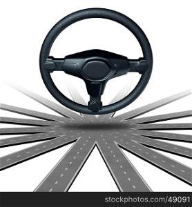 Self driving car concept and autonomous road transport symbol or driverless automobile symbol as a steering wheel on a multiple direction highway as a future intelligent vehicle transportation technology as a 3D illustration.