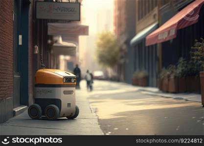 Self driving devivery robot on city street. Ge≠rative Ai ima≥. Self driving devivery robot on city street