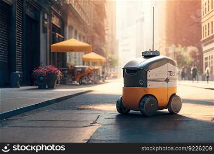 Self driving devivery robot on city street. Generative Ai image. Self driving devivery robot on city street
