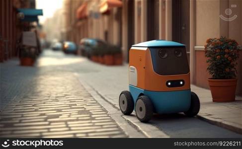 Self driving devivery robot on city street. Generative Ai image. Self driving devivery robot on city street