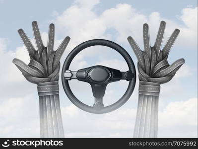 Self driving transportation and autonomous driving concept and driverless automobile symbol as a driver with hands made of roads off the steering wheel as a future intelligent transport technology as a 3D illustration.