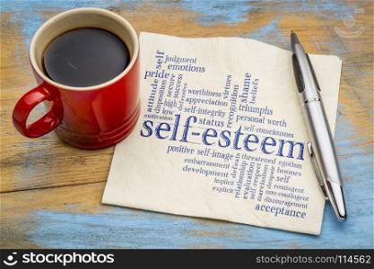 self-esteem word cloud - handwriting on a napkin with cup of coffee