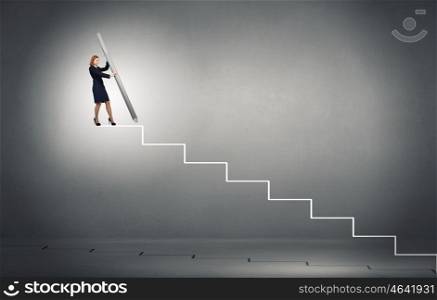 Self promotion. Businesswoman standing on drawn ladder with huge pencil