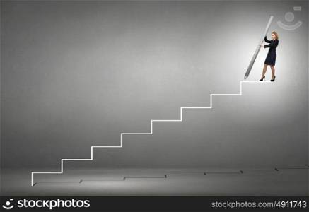 Self promotion. Businesswoman standing on drawn ladder with huge pencil