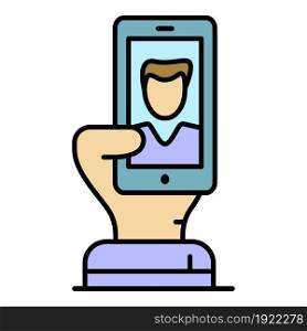 Selfie hand smartphone icon. Outline selfie hand smartphone vector icon color flat isolated on white. Selfie hand smartphone icon color outline vector