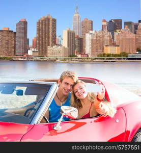 selfie of young teen couple at convertible car in New York Manhattan skyline photo mount