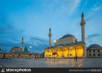 Selimiye Mosque with Konya town square st night in Konya, Turkey.