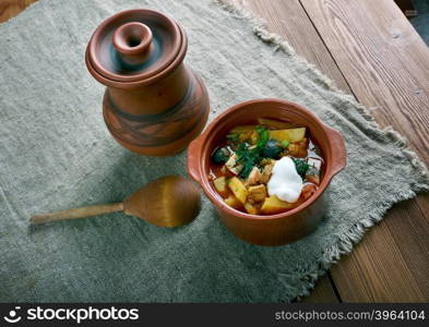 Seljanka a thick, spicy and sour Russian soup. ingredient being either meat, fish, or mushrooms. All of them contain pickled cucumbers with brine, and often cabbage, salted mushrooms, smetana (sour cream),