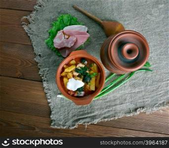 Seljanka a thick, spicy and sour Russian soup. ingredient being either meat, fish, or mushrooms. All of them contain pickled cucumbers with brine, and often cabbage, salted mushrooms, smetana (sour cream),