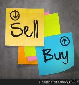 ""sell buy" text on sticky note paper on wall texture as concept"