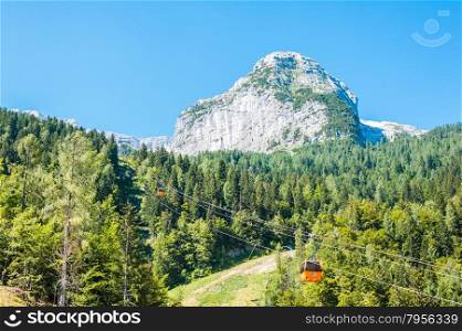 Sella Nevea, Udine, Italy - July 10, 2015: Alpine landscape with cable car