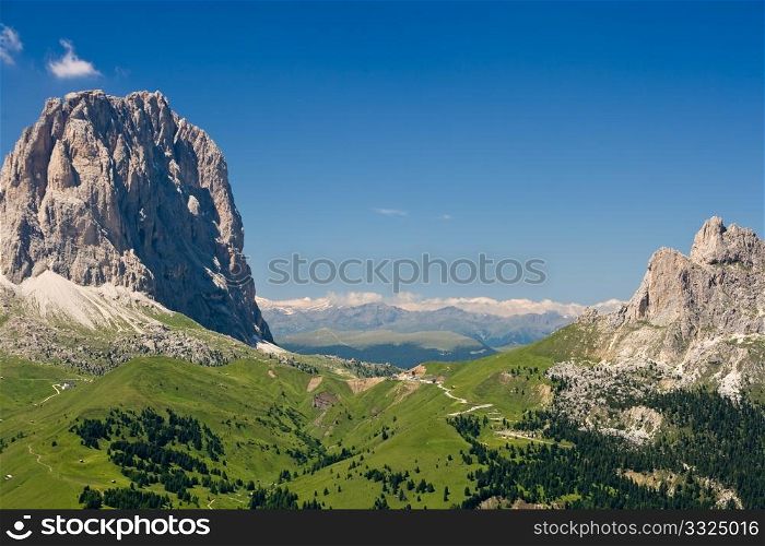 Sella pass with Sassolungo mountain, Italian Dolomites