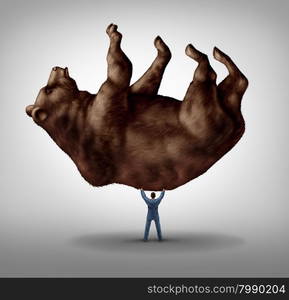Selling stock and investing pessimism and financial business leadership as a downturn fear concept as a take charge businessman lifting a giant bear as an icon of for conservative bearish market investor.