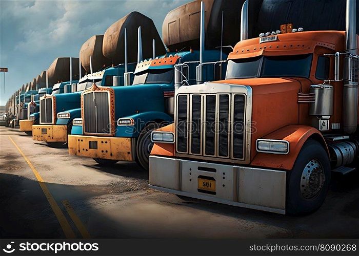 Semi Trailer Trucks on Parking lot. Delivery Trucks for Cargo Shipping. Lorry Industry Freight Truck Logistics Transport. Neural network AI generated art. Semi Trailer Trucks on Parking lot. Delivery Trucks for Cargo Shipping. Lorry Industry Freight Truck Logistics Transport. Neural network generated art