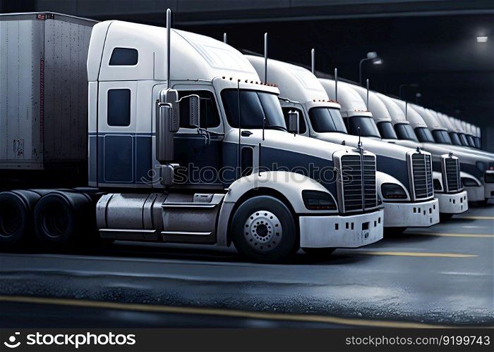 Semi Trailer Trucks on Parking lot. Delivery Trucks for Cargo Shipping. Lorry Industry Freight Truck Logistics Transport. Neural network AI generated art. Semi Trailer Trucks on Parking lot. Delivery Trucks for Cargo Shipping. Lorry Industry Freight Truck Logistics Transport. Neural network generated art