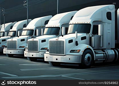 Semi Trailer Trucks on Parking lot. Delivery Trucks for Cargo Shipping. Lorry Industry Freight Truck Logistics Transport. Neural network AI generated art. Semi Trailer Trucks on Parking lot. Delivery Trucks for Cargo Shipping. Lorry Industry Freight Truck Logistics Transport. Neural network generated art