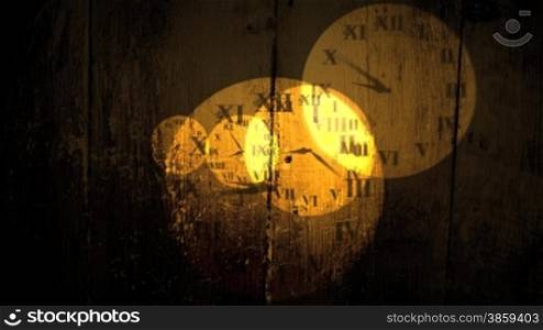 Semi-transparent old fashioned clock faces fly towards the camera over grungy wood texture. The first and last frame match for looping possibilities. HD 1080p quality 29.97fps.