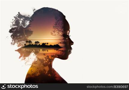 Semi-transparent profile of a black woman with afro hair and a beautiful landscape inside of her. Generative AI