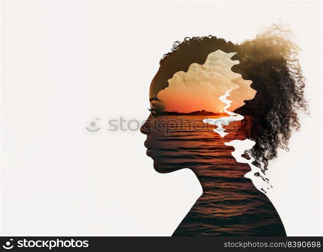 Semi-transparent profile of a black woman with afro hair and a beautiful landscape inside of her. Generative AI