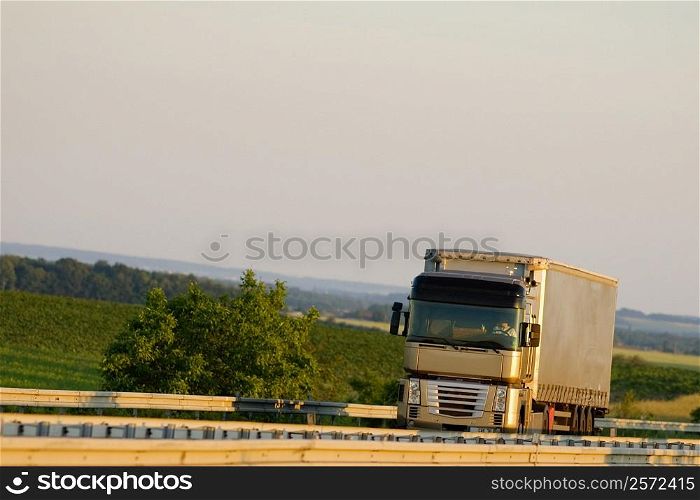 Semi-truck moving on the road, Loire Valley, France