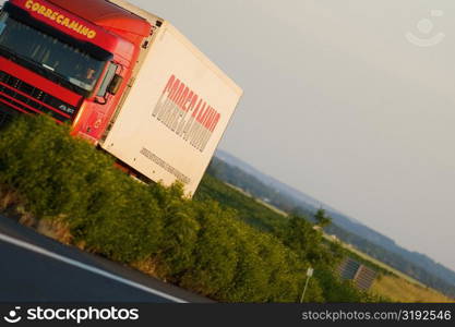 Semi-truck moving on the road, Loire Valley, France