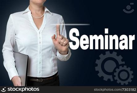 Seminar touchscreen is operated by businesswoman.. Seminar touchscreen is operated by businesswoman