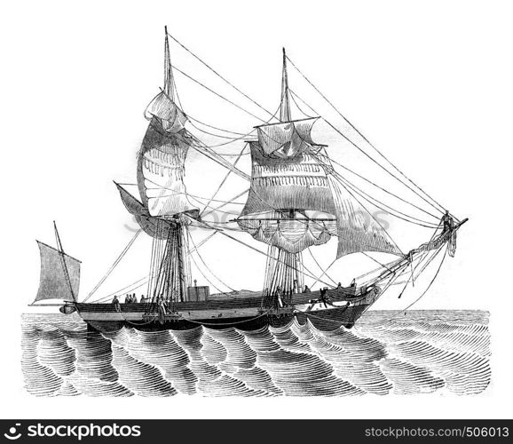 Senau throwing the probe, seen abeam, vintage engraved illustration.